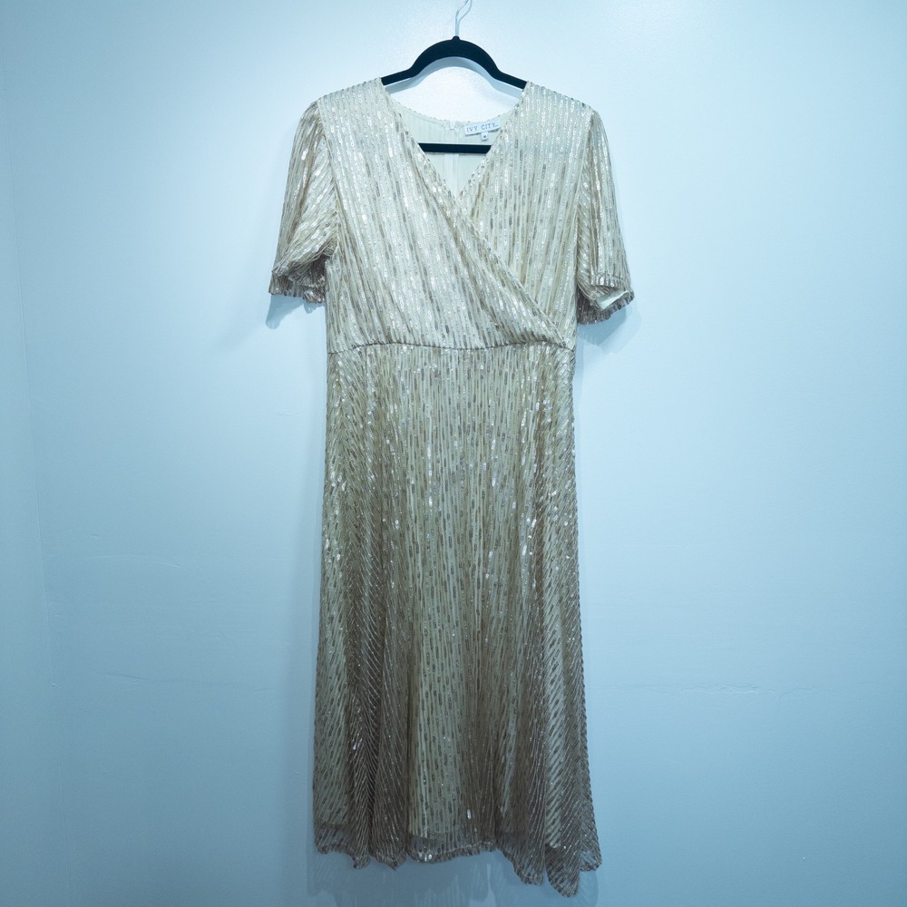 New Ivy City Co Gold Sequin Goldie Midi Dress XL - Picture 2 of 8